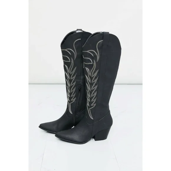 Qupid Cheyenne Nights Embroidered Knee High Cowboy Boots in Black - Picture 5 of 6